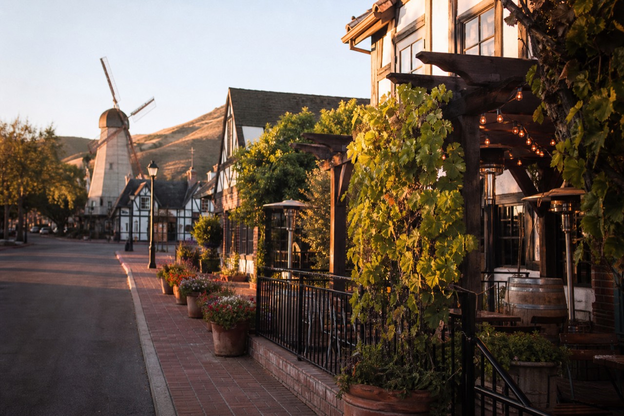 A Solvang street scene at golden hour with half-timbered buildings, a wooden windmill and a sunlit tasting patio, potted flowers along the sidewalk, no text, no logos, no people