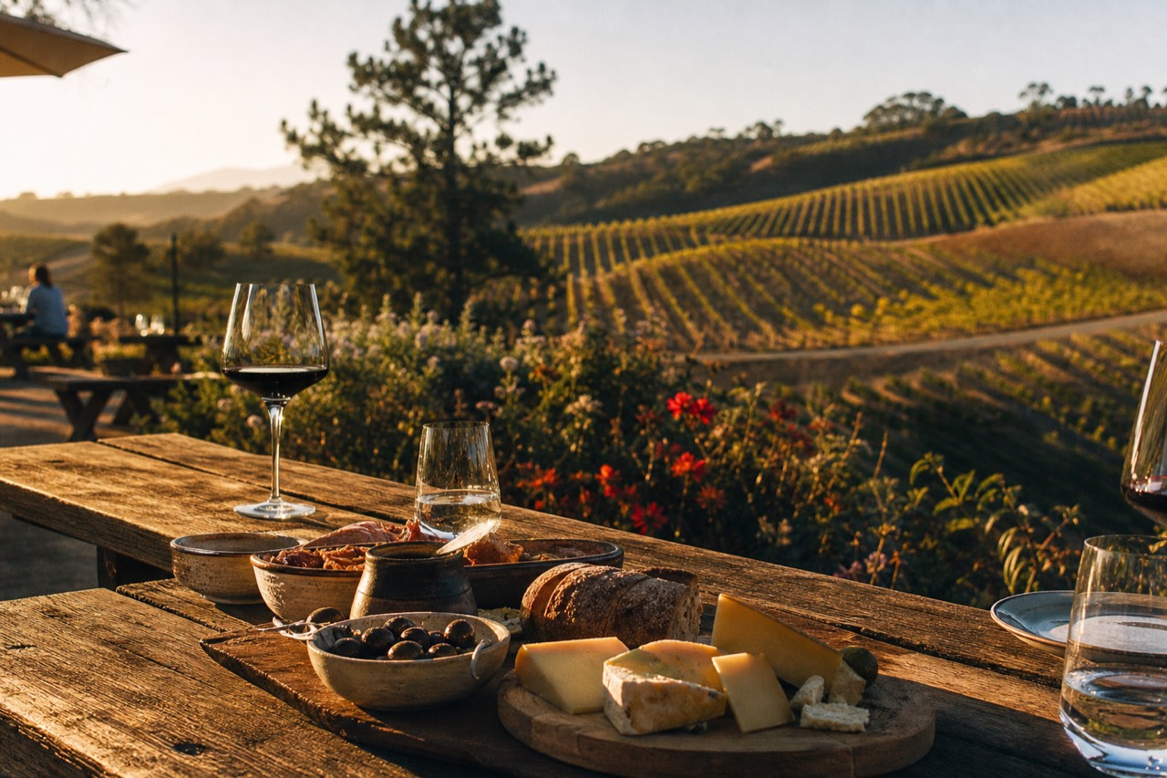 A wooden picnic table on a vineyard patio set with cheese, bread, olives and wine glasses beside rows of vines, no text, no logos, no people