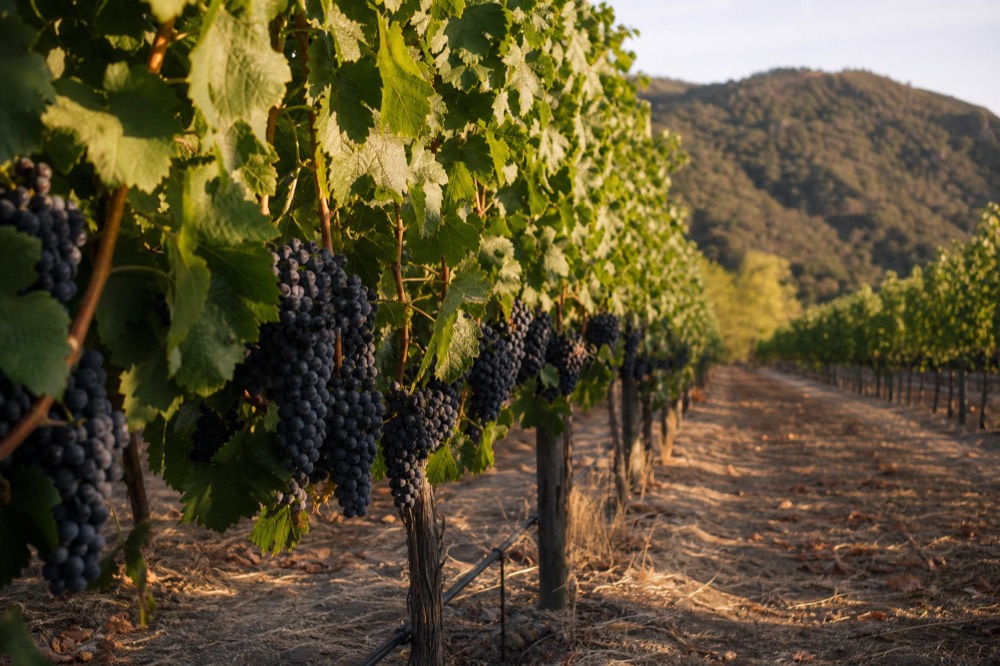 Dark grape clusters hanging heavy on the vine in warm midday sun in the middle of the valley, no text, no logos, no people