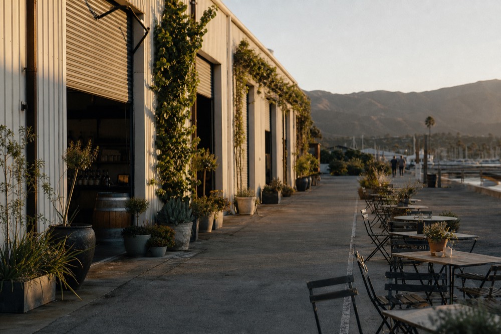 A sunlit urban tasting-room streetscape with roll-up doors, potted plants and bistro tables in a coastal warehouse district, no text, no logos, no people