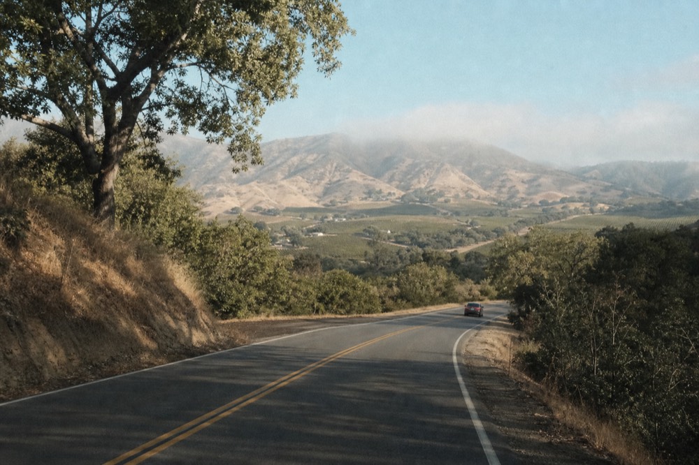 A two-lane road climbing over a wooded mountain pass with golden hills and a distant glimpse of vineyards below, no text, no logos, no people