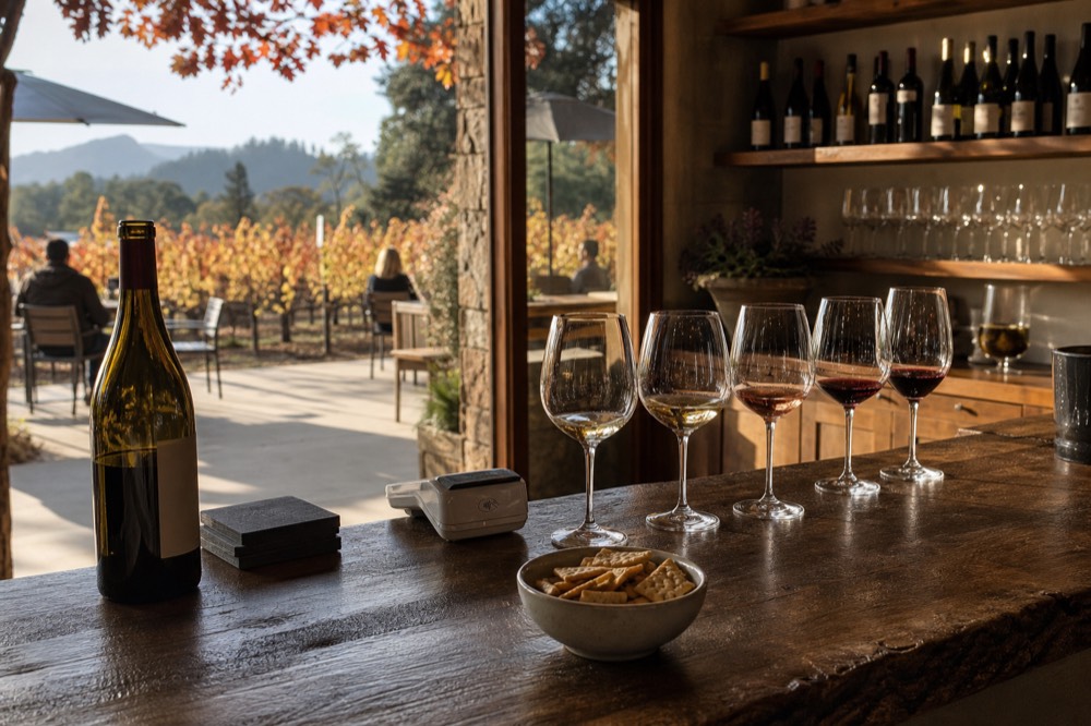 An open bottle and a lineup of wine glasses on a rustic counter with a card reader and a bowl of crackers, warm cellar-door light, no text, no logos, no people